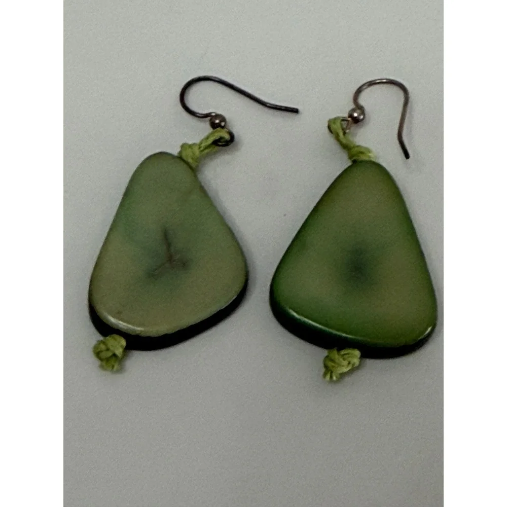 Artisan Tagua Nut Drop Earrings Sage Green Organic Vegetable Ivory Boho Dangle